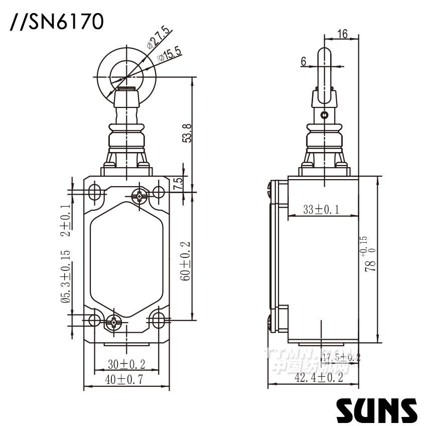 SUNS美國三實自復位拉繩開關(guān)SN6170安全拉繩開關(guān) 單向動作式拉繩開關(guān) 尺寸圖