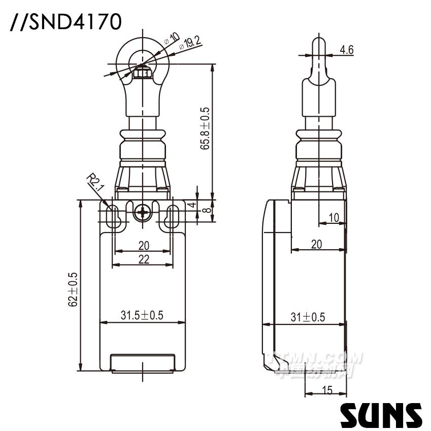 SUNS美國三實(shí)自復(fù)位安全開關(guān)SND4170安全拉繩開關(guān) 單向動(dòng)作式拉繩開關(guān)尺寸圖