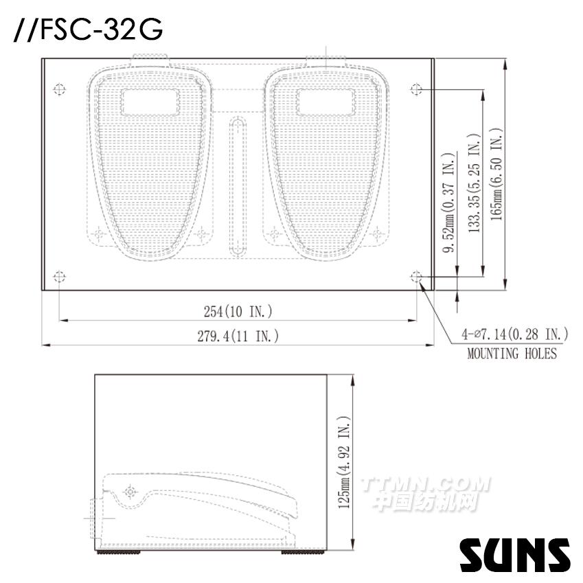 SUNS美國(guó)三實(shí)帶防護(hù)罩腳踏開關(guān)FSC-32G-20雙踏板腳踏開關(guān) 尺寸圖